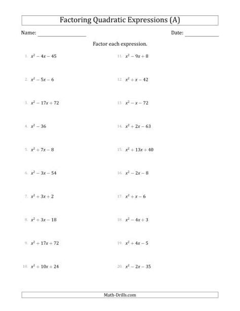factoring quadratics a=1 worksheet answers
